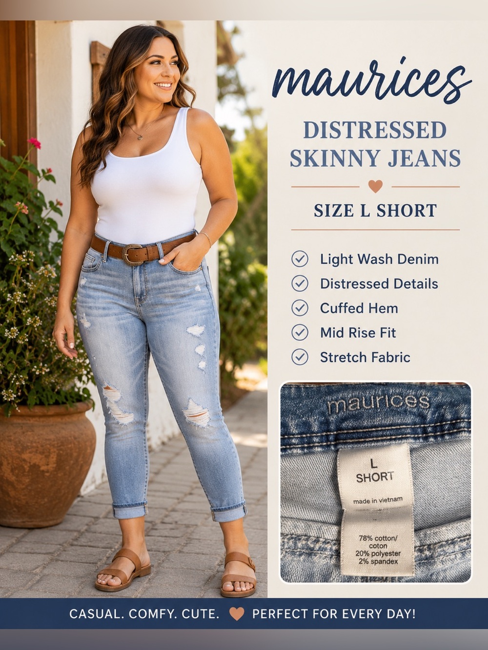 Maurices Distressed Cuffed Skinny Jeans Light Wash Stretch Size L Short
